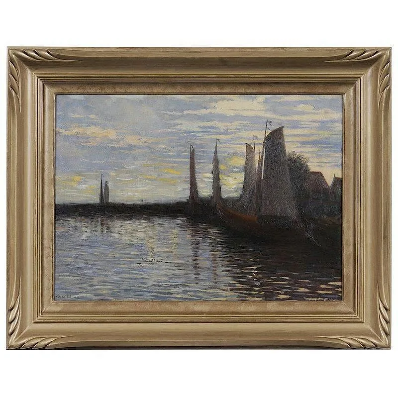 Jules Benoit-Lvy, Boats in a Quiet Harbor, oil on panel