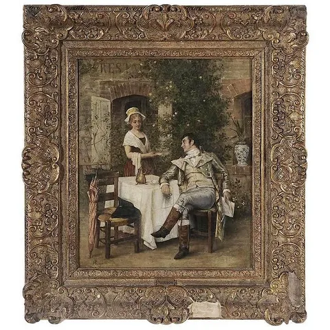 Maurice Poirson, Gentleman Taking Tea in a Courtyard, oil on canvas