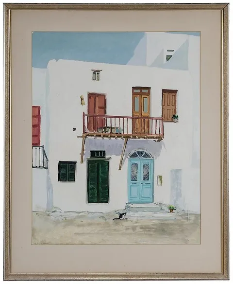 Philip Anthony Moose, Mykonos House, Greece with cat at doorway, mixed media on paper