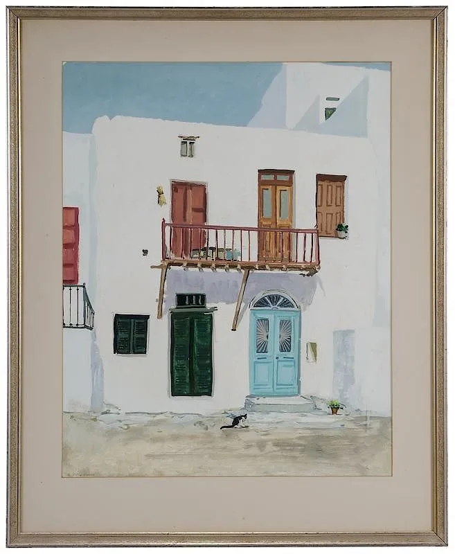 Philip Anthony Moose, Mykonos House, Greece with cat at doorway, mixed media on paper