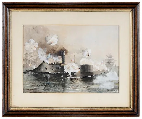 Julian Oliver Davidson, The Monitor and the Merrimac, the First Fight between the Ironclads in 1862", possibly a late 19th/early 20th century copy, watercolor on paper