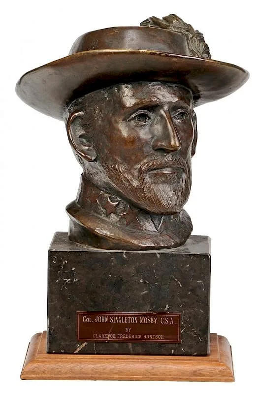 Clarence Frederick Runtsch, Portrait bust of Col. John Singleton Mosby, C.S.A., 1981, patinated bronze on marble and wood base with plaque
