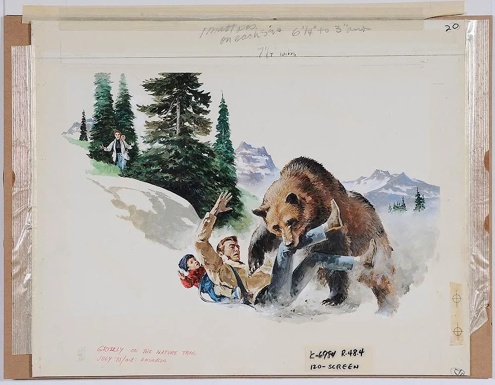 Richard Amundsen, Grizzly on the Nature Trail, illustration for [Reader's Digest], July 1973, ill. P.86-87, oil on illustration board