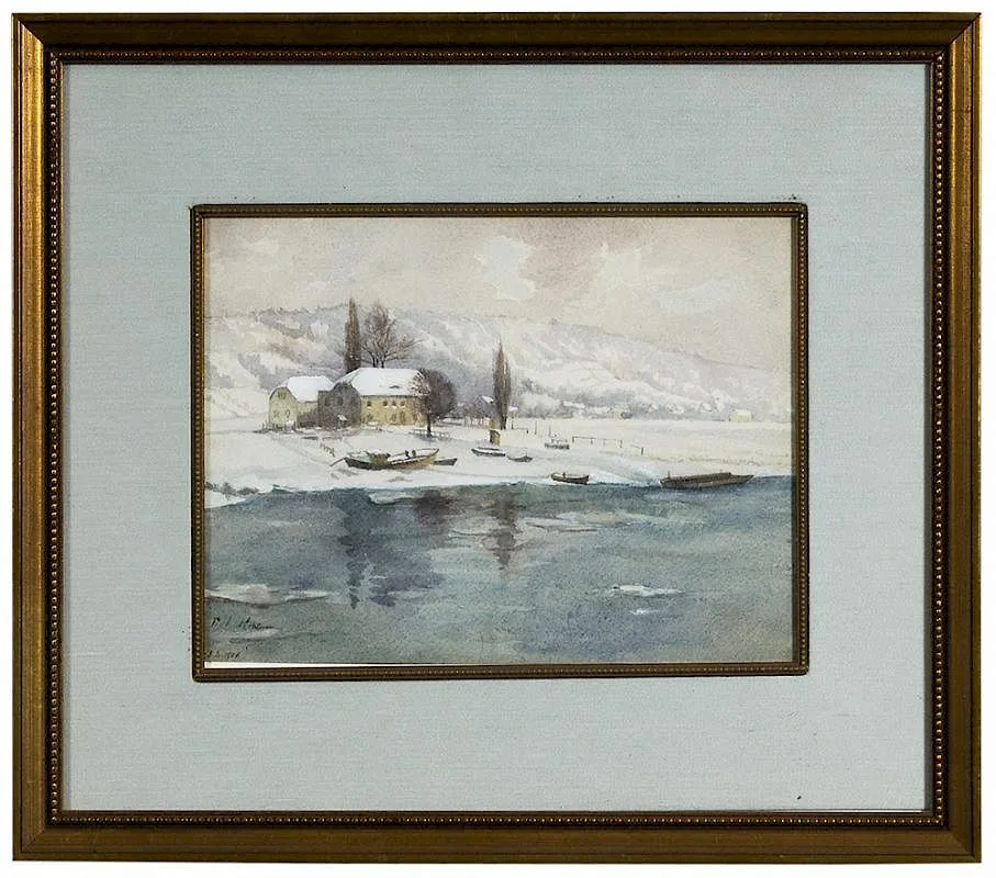 Paul King, Farm in a Winter Landscape, watercolor on paper