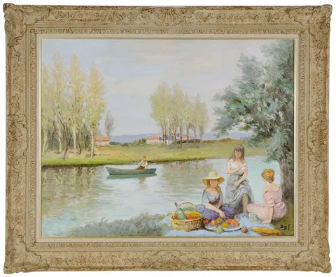 [Pique nique au bord de l’eau (Les Trois Amies, Claudine, Jacqueline, Corinne)] by Marcel Dyf, 1976, oil on canvas, sold May 2017