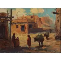 Ralph Davison Miller, Pueblo Scene, Oil on board