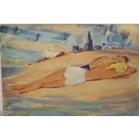 Flirtation by Aaron Berkman, Signed oil on board .From The Bathing Series, sold Feb 2022