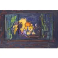 Thru the Window by Aaron Berkman, Oil on Board, sold Feb 2022