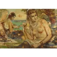 Vlastimil Košvanec, Seaside Scene, Oil on board