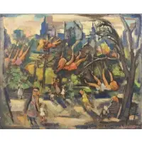 Swinging by Aaron Berkman, Oil on canvas laid to board, sold Dec 2021