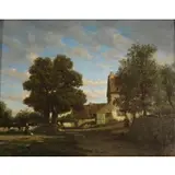 Constant Troyon, Fermiere donnant a manger au leve du soleil, Oil on canvas