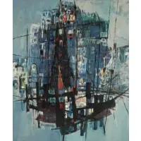 Zvi Meirovich, Haifa View in Red, Oil on canvas
