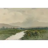 Charles Craig, Teepees in Landscape, Oil on board
