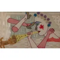 Surrealist scene by Rodalfo Morales, Fabric collage, sold Jun 2021