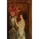 Alfred C. Weatherstone, Woman with Flowers, Oil on panel