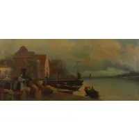 R Schumann, Port Scene, Oil on canvas