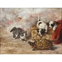 C L van Vrendenburgh, Cat, dogs, and turtle, Oil on canvas
