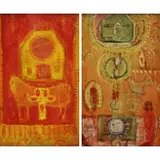 Jindra Husáriková, Surrealist Scenes, Pair of Oils on Board