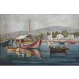 Boats Oudside of Gaurion, Andros by Yiannis Papanelopoulos, Oil on canvas, sold Jan 2021
