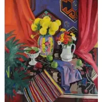 Warren Brandt, Still Life with Striped Pillow, Oil on Canvas