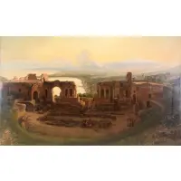 Enrico Gargiulo, Ruins and Mt, Oil on Canvas