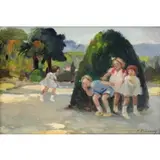 Paul Michel Dupuy, Children Playing in the Luxembourg Gardens, Oil on Panel