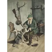 John Fechner, Hunter and His Dog, Watercolor