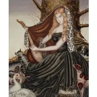 Foussa Itaya, Woman with Instrument and Animals, Oil on Canvas