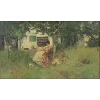 Leon Moran, Woman With Children, Oil on Canvas