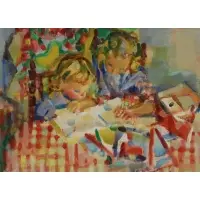 Jean Even, Enfants lisant, Oil on canvas