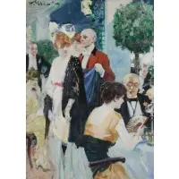 Howard Giles, Figures Dining, Oil on canvas laid to board