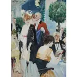 Howard Giles, Figures Dining, Oil on canvas laid to board