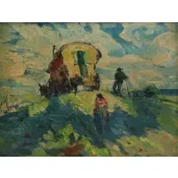 Jerry Farnsworth, Covered wagon, Oil on Board