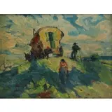 Jerry Farnsworth, Covered wagon, Oil on Board