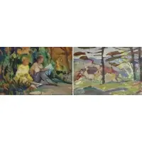 H. Mabel May, Two Friends, Laurentians, 1934, Double Sided Oil on Board