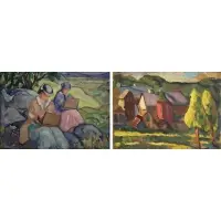 H. Mabel May, Out Sketching on Sunday, Double Sided Oil on Board