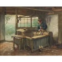 Tony Offermans, Cobbler Carving Shoes, Watercolor