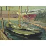 Whitney Hubbard, Boat in Dock, Oil on Board