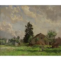 Initaled, Painter in Landscape, Oil on Canvas