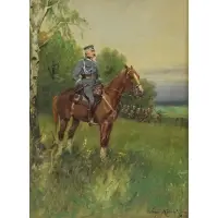 Jerzy Kossak, Officer on Horseback, Oil on Panel