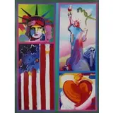 Peter Max, Patriotic Series: Two Liberties, Flag and Heart, Mixed Media
