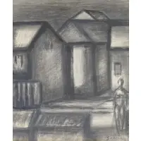 Jenő Barcsay, Village Scene, Mixed Media on Paper