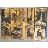 Arbit Blatas, Interior Scenes, Four Ink and Wash on Carton Panels