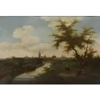 View of Ghent with a Ferryboat on a River by Thomas Heeremans, Oil on Panel, sold Jul 2019