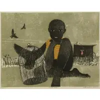 Walter Williams, Caged Bird, 1966, Woodcut
