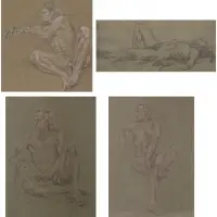 Philis Raskind, Male Nudes, Lot of Four Crayon Drawings