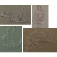 Philis Raskind, Male Nudes, Lot of Four Crayon Drawings