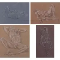 Philis Raskind, Male Nudes, Lot of Four Crayon Drawings