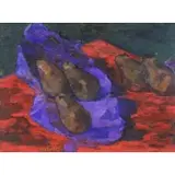 Albert Houthuesen, Pears on a Red Table, 1969, Oil on Board
