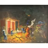 Louverture Possion, Haitian Scene, Oil on Board